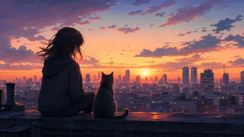Girl and Black Cat Rooftop