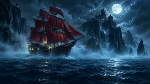 Crimson Sails Below Gothic Castle