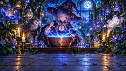 Sorceress Brewing Potion With Owl