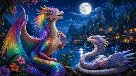 Rainbow Dragon Singing by Lake