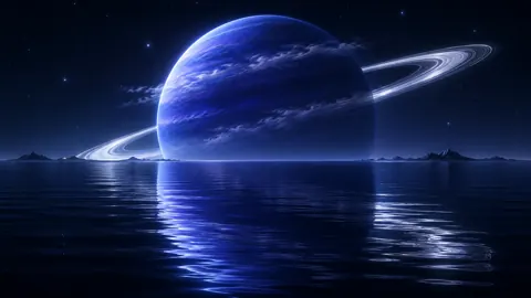 Ringed Indigo Planet Over Ocean