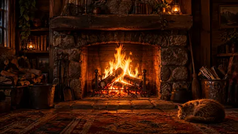 Sleeping Cat by Fireplace