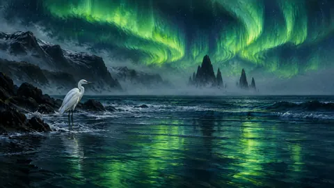 White Heron Under Aurora