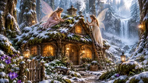 Fairies Repairing a Cottage Roof
