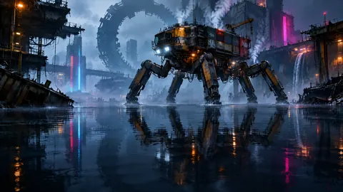 Six-Legged Salvage Machine in Rain