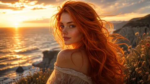 Redhead Woman by Sunset Sea