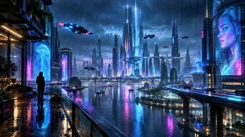 Hooded Figure Over Neon City