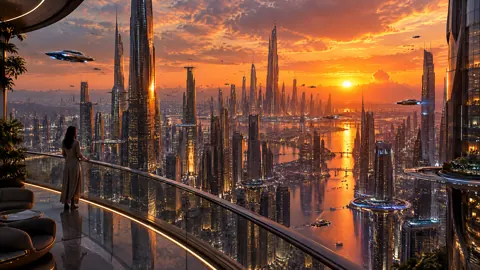 Woman Over Futuristic City