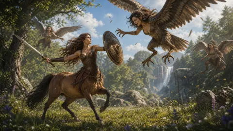 Centaur Fighting Harpies by Waterfall