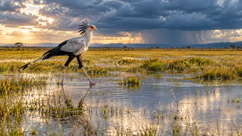 Secretary Bird in Flooded Savannah