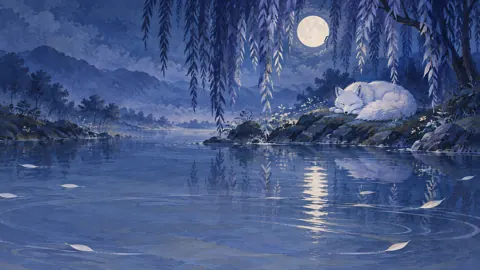 White Fox by Moonlit Pond