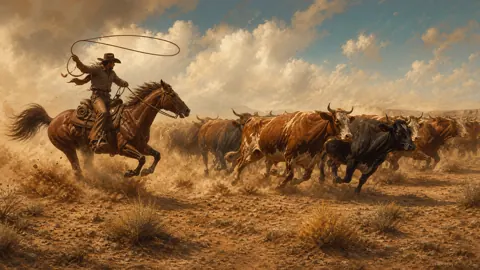 Cowboy Lassoing Cattle Herd
