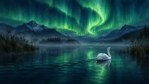 White Swan Under Emerald Aurora