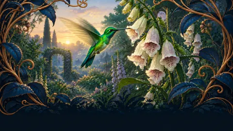 Emerald Hummingbird and Foxgloves