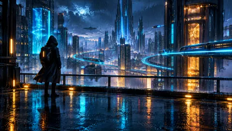Hooded Courier Above Neon Rails