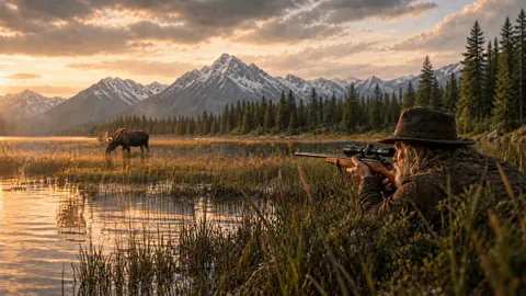 Hunter Aiming at Bull Moose