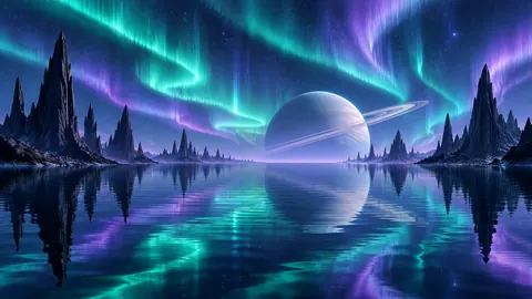 Ringed Planet Over Alien Sea