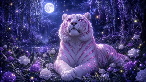 White Tiger in Moonlit Garden