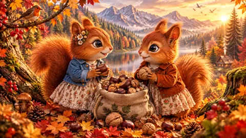 Squirrels Gathering Chestnuts by Lake