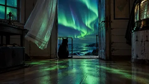 Black Cat Under Aurora