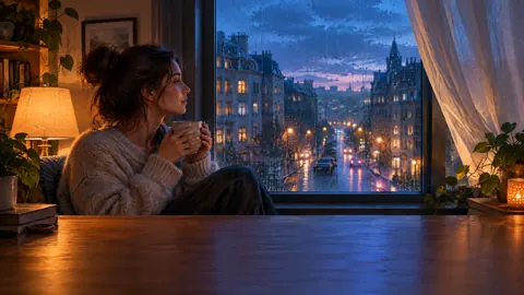 Woman With Mug by Rainy Window