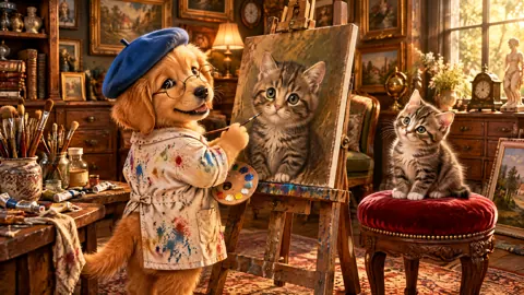 Puppy Painting Tabby Kitten