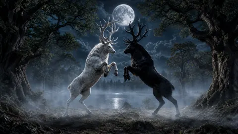 Stag Bulls by Moonlit Lake