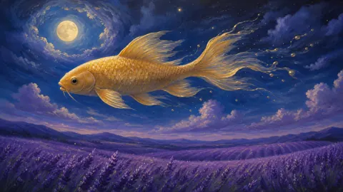 Golden Koi Over Lavender Fields
