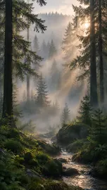 Sunlit Stream in Evergreen Forest