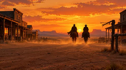 Cowboys Riding Into Sunset