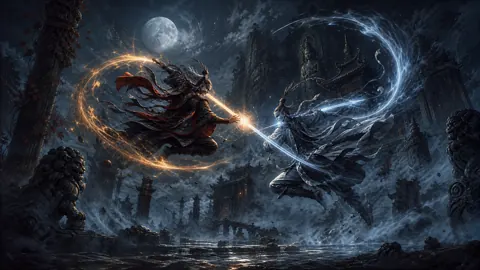 Masked Swordsmen Above Temple Ruins