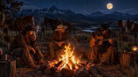 Cowboys at Moonlit Campfire