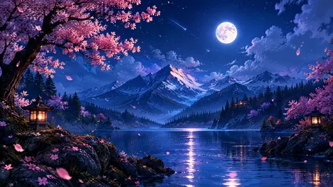 Moonlit Lake With Cherry Blossoms