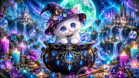 White Kitten in Witch Hat