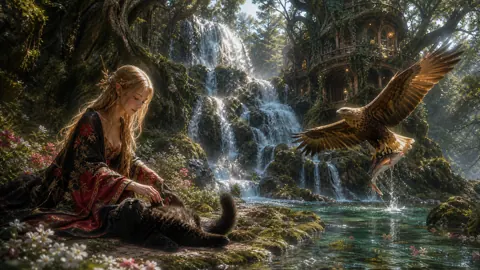 Elf Maiden by Forest Waterfall