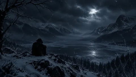 Hooded Figure Above Frozen Lake