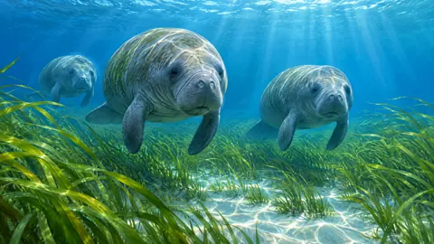 Manatees Over Seagrass Meadow
