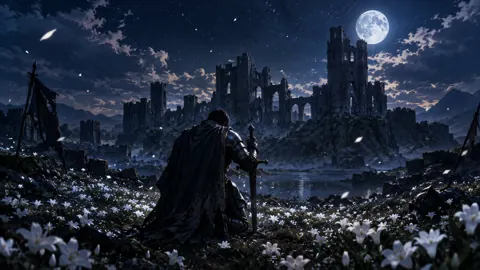 Kneeling Knight by Moonlit Lake