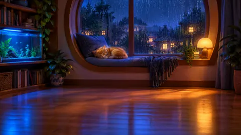 Sleeping Kitten by Rainy Window