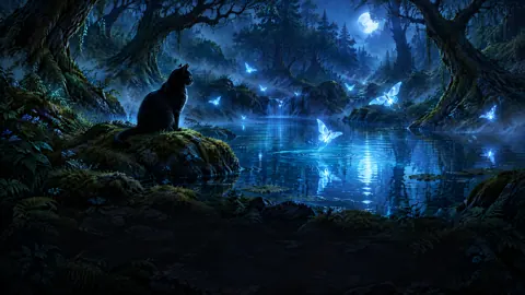 Black Cat by Moonlit Pond