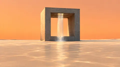 Brutalist Cube With Waterfall