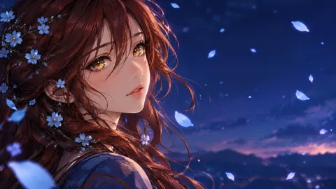 Auburn Woman with Blue Blossoms