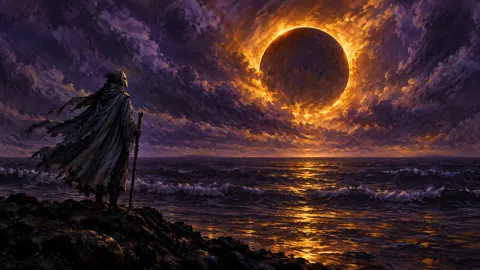 Masked Pilgrim Under Amber Eclipse