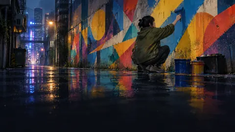 Anime Mural Artist in Neon Alley