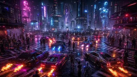 Cyberpunk Intersection With Holographic Androids