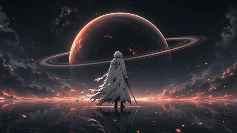 White-Haired Warrior Before Ringed Planet