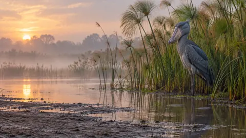 Shoebill in Misty Papyrus Wetland