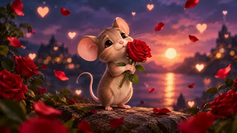 Mouse With Rose at Sunset