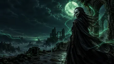 Bird-Masked Guardian Under Emerald Moon