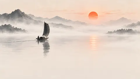 Black-Sailed Boat and Vermilion Sun